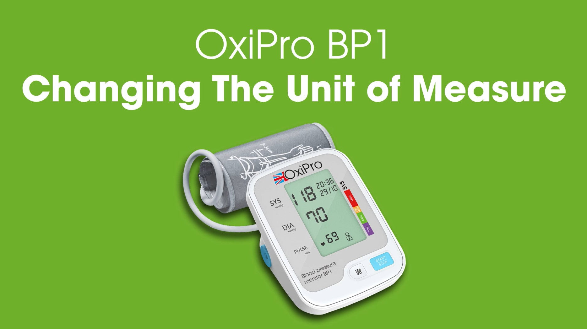 Load video: OxiPro BP1 How to Change the Unit of Measure between kPa and mmHG on your blood pressure monitor